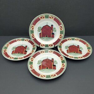 Tienshan Stoneware Prairie Salad Plates Red Barn Geometric Border Dessert Plates